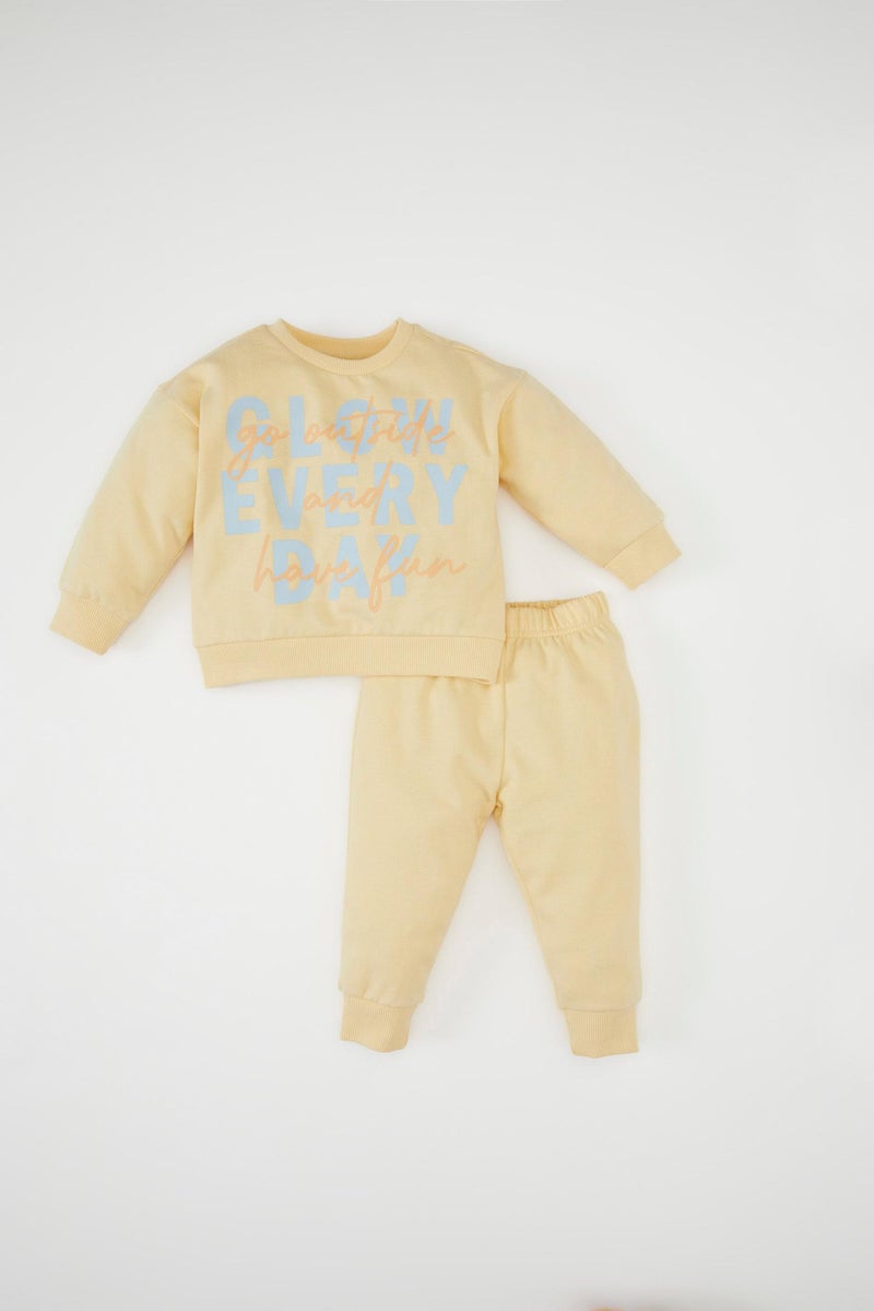 DeFacto Beige BabyGirl Baby Girl Slogan Printed Sweatshirt Fabric 2 Piece Set Casual - Image 4